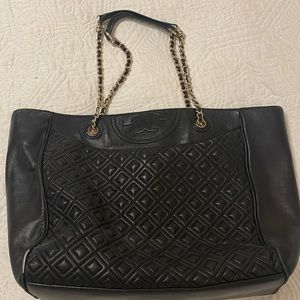 Tory Burch Quilted Black Leather Fleming Tote Bag
